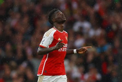 Arsenal's Bukayo Saka celebrates scoring in a match on Aug. 26, 2023.