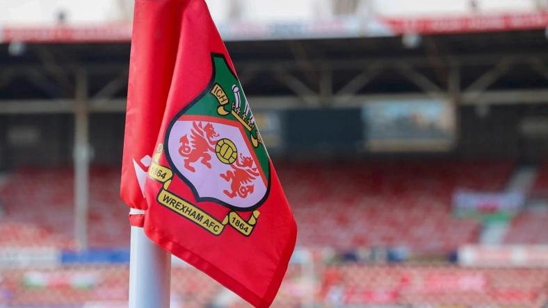 A Wrexham AFC flag at Racecourse Grounds in Wrexham, Wales.