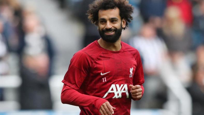 Liverpool's Mohamed Salah in warmups before a match on Aug. 27, 2023