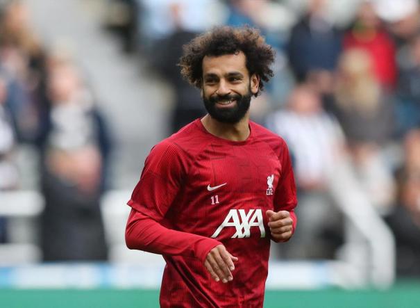 Liverpool's Mohamed Salah in warmups before a match on Aug. 27, 2023