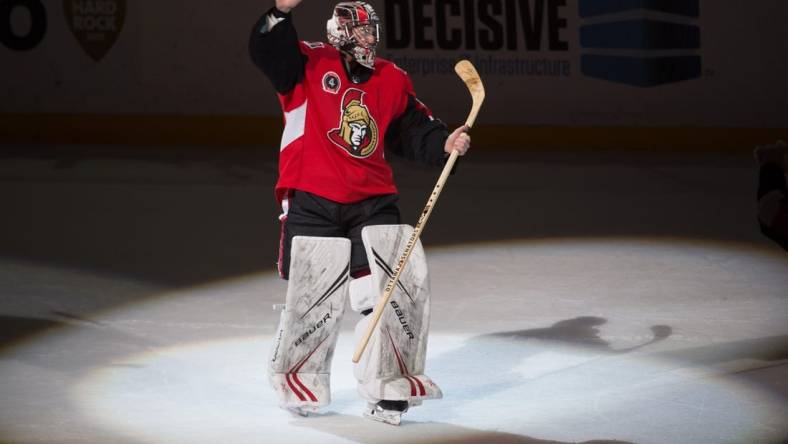 Feb 18, 2020; Ottawa, Ontario, CAN; Ottawa Senators goalie Craig Anderson (41) is named the third start after in game against the Buffalo Sabres at the Canadian Tire Centre. Mandatory Credit: Marc DesRosiers-USA TODAY Sports