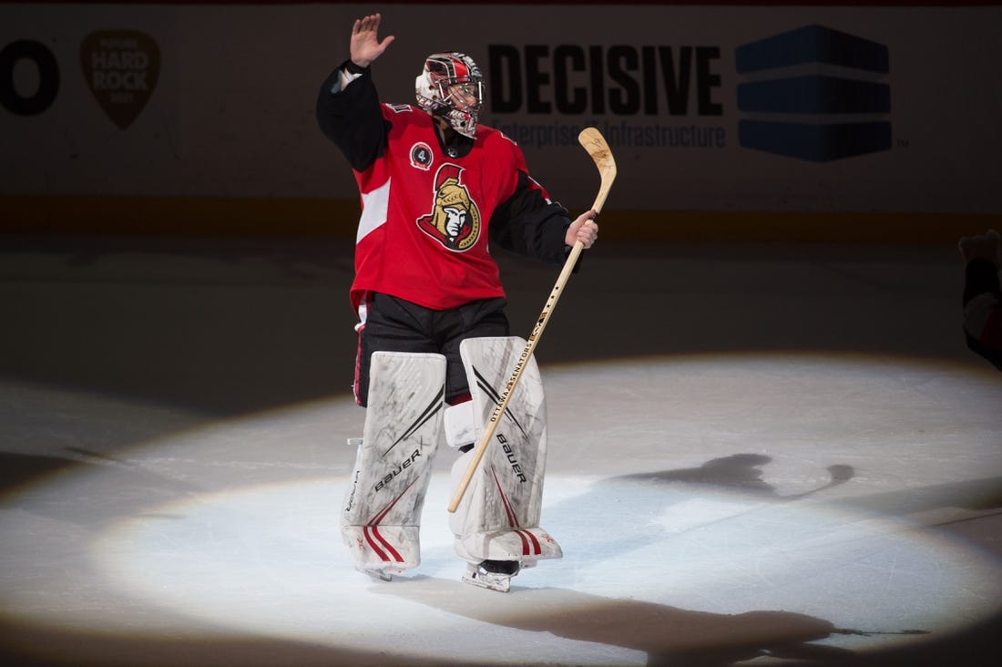Feb 18, 2020; Ottawa, Ontario, CAN; Ottawa Senators goalie Craig Anderson (41) is named the third start after in game against the Buffalo Sabres at the Canadian Tire Centre. Mandatory Credit: Marc DesRosiers-USA TODAY Sports