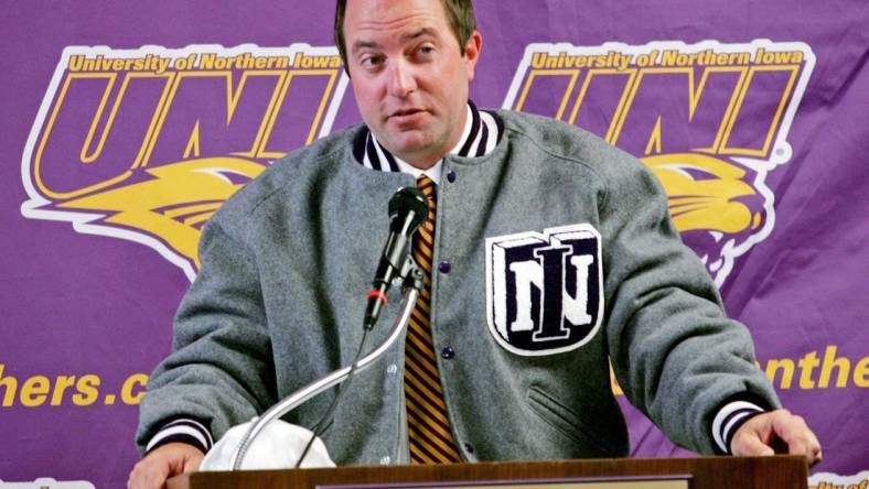 Dannen
Photo by Harry Baumert. Shot 6/3/08. Cedar Falls, Ia. - s0604troydannen.3hb - Troy Dannen wears a Panther letter jacket as he addresses his first news conference as UNI athletic director on Tuesday in Cedar Falls.

Northern Iowa AD Troy Dannen