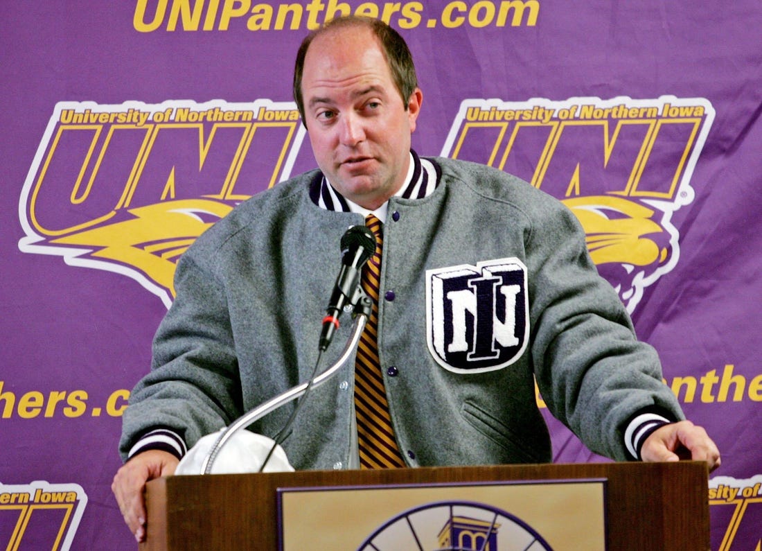 Dannen
Photo by Harry Baumert. Shot 6/3/08. Cedar Falls, Ia. - s0604troydannen.3hb - Troy Dannen wears a Panther letter jacket as he addresses his first news conference as UNI athletic director on Tuesday in Cedar Falls.

Northern Iowa AD Troy Dannen