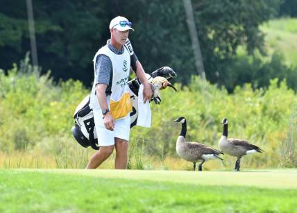 Aug 23, 2020; Norton, Massachusetts, USA; Caddie Phillip Lowe tries to shoo geese off the 2nd green at TPC of Boston. Mandatory Credit: Mark Konezny-USA TODAY Sports