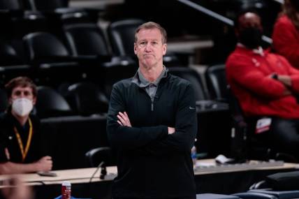 May 24, 2021; Denver, Colorado, USA; Portland Trail Blazers head coach Terry Stotts looks on in the second quarter against the Denver Nuggets during game two in the first round of the 2021 NBA Playoffs at Ball Arena. Mandatory Credit: Isaiah J. Downing-USA TODAY Sports