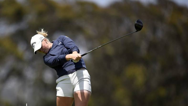 Jun 5, 2021; San Francisco, California, USA; Maja Stark plays her shot from the second tee during the third round of the U.S. Women's Open golf tournament at The Olympic Club. Mandatory Credit: Kelvin Kuo-USA TODAY Sports