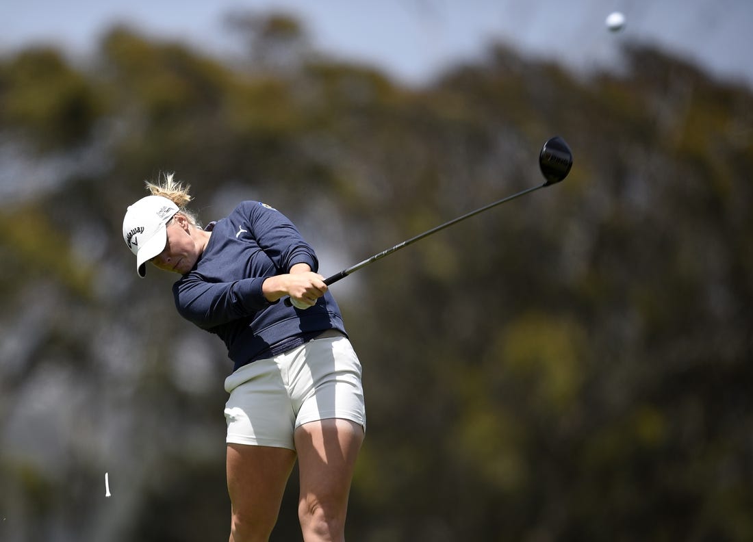 Jun 5, 2021; San Francisco, California, USA; Maja Stark plays her shot from the second tee during the third round of the U.S. Women's Open golf tournament at The Olympic Club. Mandatory Credit: Kelvin Kuo-USA TODAY Sports