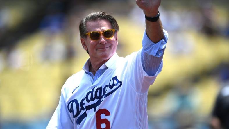 Jul 25, 2021; Los Angeles, California, USA; Los Angeles Dodgers Steve Garvey was honored during pregame ceremonies for the 40th anniversary of the 1981 World Series team at Dodger Stadium. Mandatory Credit: Jayne Kamin-Oncea-USA TODAY Sports