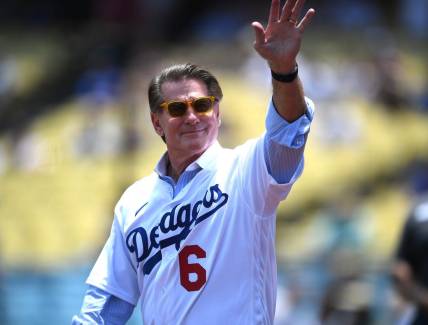 Jul 25, 2021; Los Angeles, California, USA; Los Angeles Dodgers Steve Garvey was honored during pregame ceremonies for the 40th anniversary of the 1981 World Series team at Dodger Stadium. Mandatory Credit: Jayne Kamin-Oncea-USA TODAY Sports