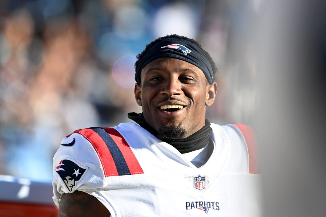 Nov 7, 2021; Charlotte, North Carolina, USA;  New England Patriots cornerback J.C. Jackson (27) on the bench in the fourth quarter at Bank of America Stadium. Mandatory Credit: Bob Donnan-USA TODAY Sports