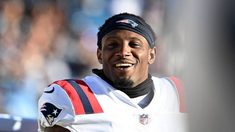 Nov 7, 2021; Charlotte, North Carolina, USA;  New England Patriots cornerback J.C. Jackson (27) on the bench in the fourth quarter at Bank of America Stadium. Mandatory Credit: Bob Donnan-USA TODAY Sports