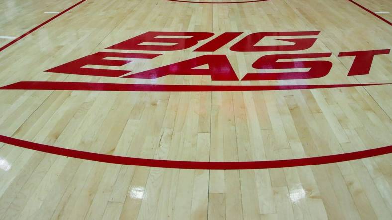 Nov 13, 2021; Queens, New York, USA;  The Big East logo on the court at Carnesecca Arena. Mandatory Credit: Wendell Cruz-USA TODAY Sports