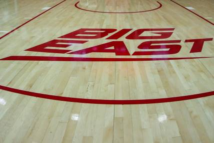 Nov 13, 2021; Queens, New York, USA;  The Big East logo on the court at Carnesecca Arena. Mandatory Credit: Wendell Cruz-USA TODAY Sports