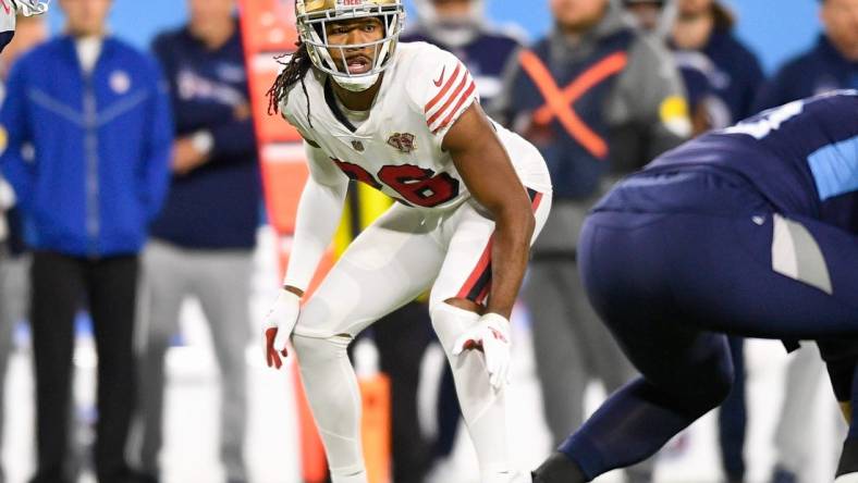 Dec 23, 2021; Nashville, Tennessee, USA;  San Francisco 49ers cornerback Josh Norman (26) against the Tennessee Titans during the first half at Nissan Stadium. Mandatory Credit: Steve Roberts-USA TODAY Sports