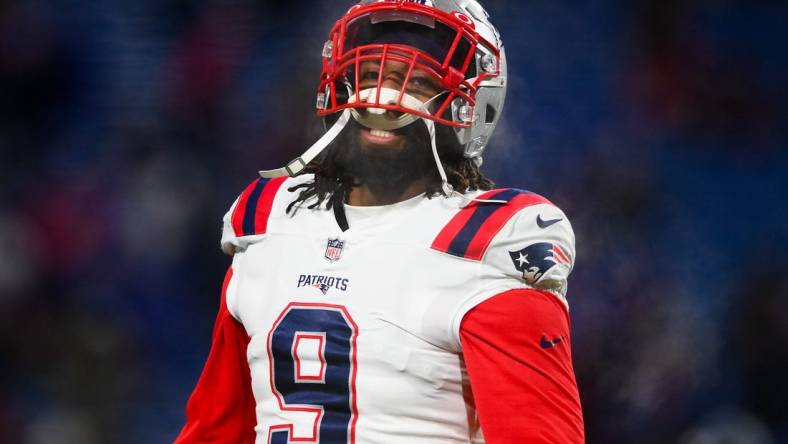 Jan 15, 2022; Orchard Park, New York, USA; New England Patriots outside linebacker Matt Judon (9) looks on prior to an AFC Wild Card playoff football game against the Buffalo Bills at Highmark Stadium. Mandatory Credit: Rich Barnes-USA TODAY Sports