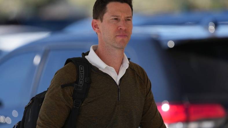 Mar 12, 2022; Mesa, AZ, USA; Chicago Cubs assistant general manager Craig Breslow arrives during a spring training workout at Sloan Park. Mandatory Credit: Joe Camporeale-USA TODAY Sports