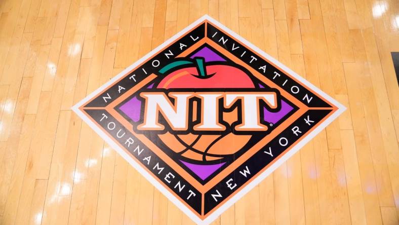 Mar 31, 2022; New York, New York, USA; A general view of the NIT logo during the first half of the NIT college basketball finals between the Xavier Musketeers and the Texas A&M Aggies at Madison Square Garden. Mandatory Credit: Gregory Fisher-USA TODAY Sports