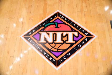 Mar 31, 2022; New York, New York, USA; A general view of the NIT logo during the first half of the NIT college basketball finals between the Xavier Musketeers and the Texas A&M Aggies at Madison Square Garden. Mandatory Credit: Gregory Fisher-USA TODAY Sports