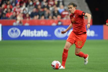 Apr 8, 2022; Vancouver, BC, Canada;  Women's Canadian National forward Christine Sinclair (12) controls the ball against Women's Nigeria National team during the first half at BC Place. Mandatory Credit: Anne-Marie Sorvin-USA TODAY Sports