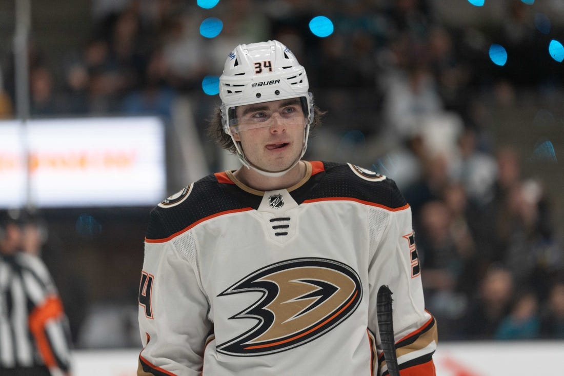 Apr 26, 2022; San Jose, California, USA;  Anaheim Ducks defenseman Jamie Drysdale (34) during the second period against the San Jose Sharks at SAP Center at San Jose. Mandatory Credit: Stan Szeto-USA TODAY Sports