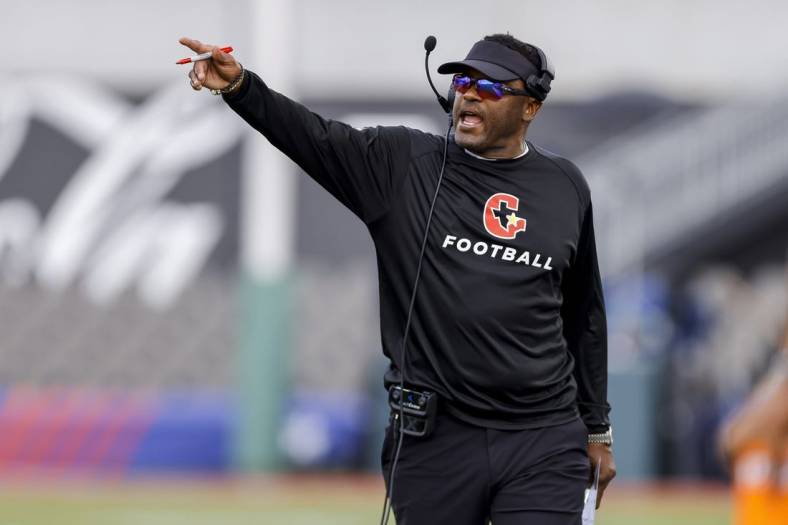 Apr 30, 2022; Birmingham, AL, USA; Houston Gamblers head coach Kevin Sumlin argues with the referees during the first half at Protective Stadium. Mandatory Credit: Vasha Hunt-USA TODAY Sports