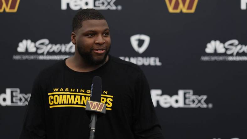 May 6, 2022; Ashburn, Virginia, USA; Washington Commanders defensive tackle Phidarian Mathis speaks with the media after Washington Commanders rookie minicamp at Inova Performance Center In Ashburn, VA. Mandatory Credit: Geoff Burke-USA TODAY Sports