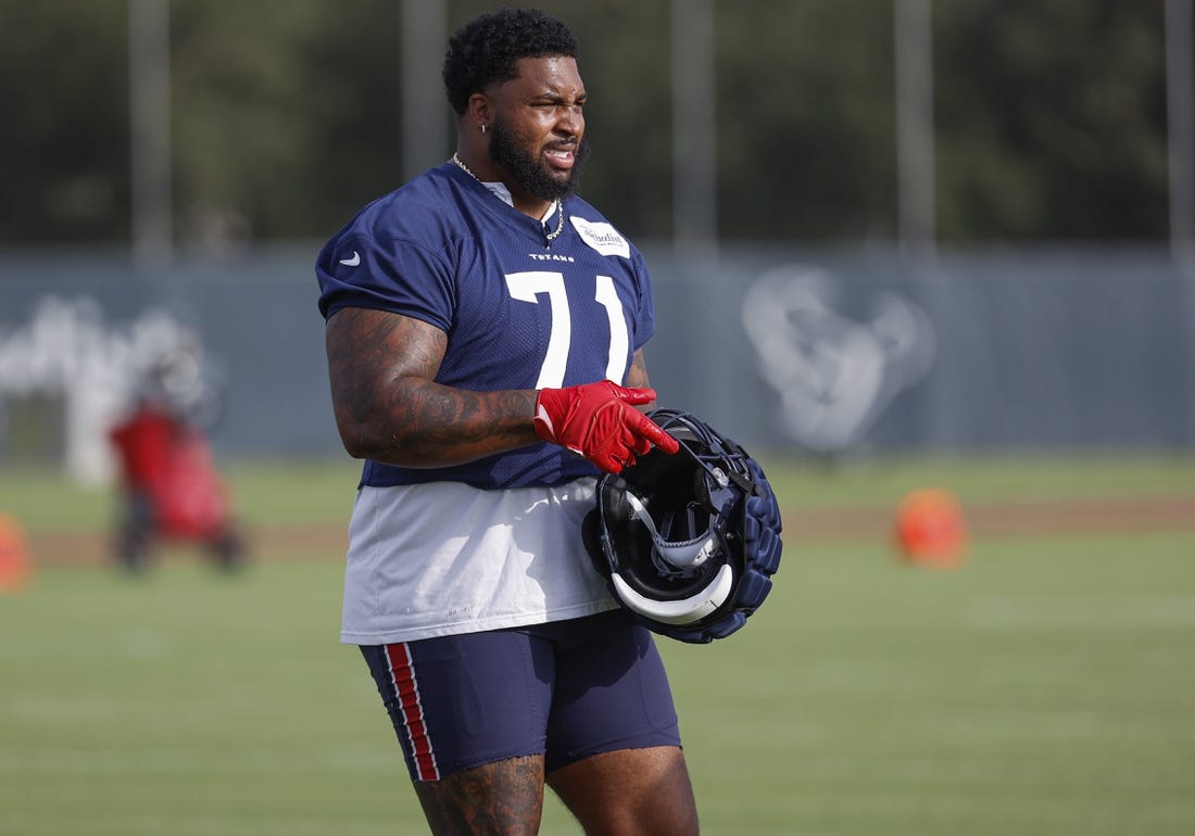 Jun 15, 2022; Houston, TX, USA; Houston Texans offensive lineman Tytus Howard (71) participates in drills during minicamp at Houston Methodist Training Center. Mandatory Credit: Troy Taormina-USA TODAY Sports