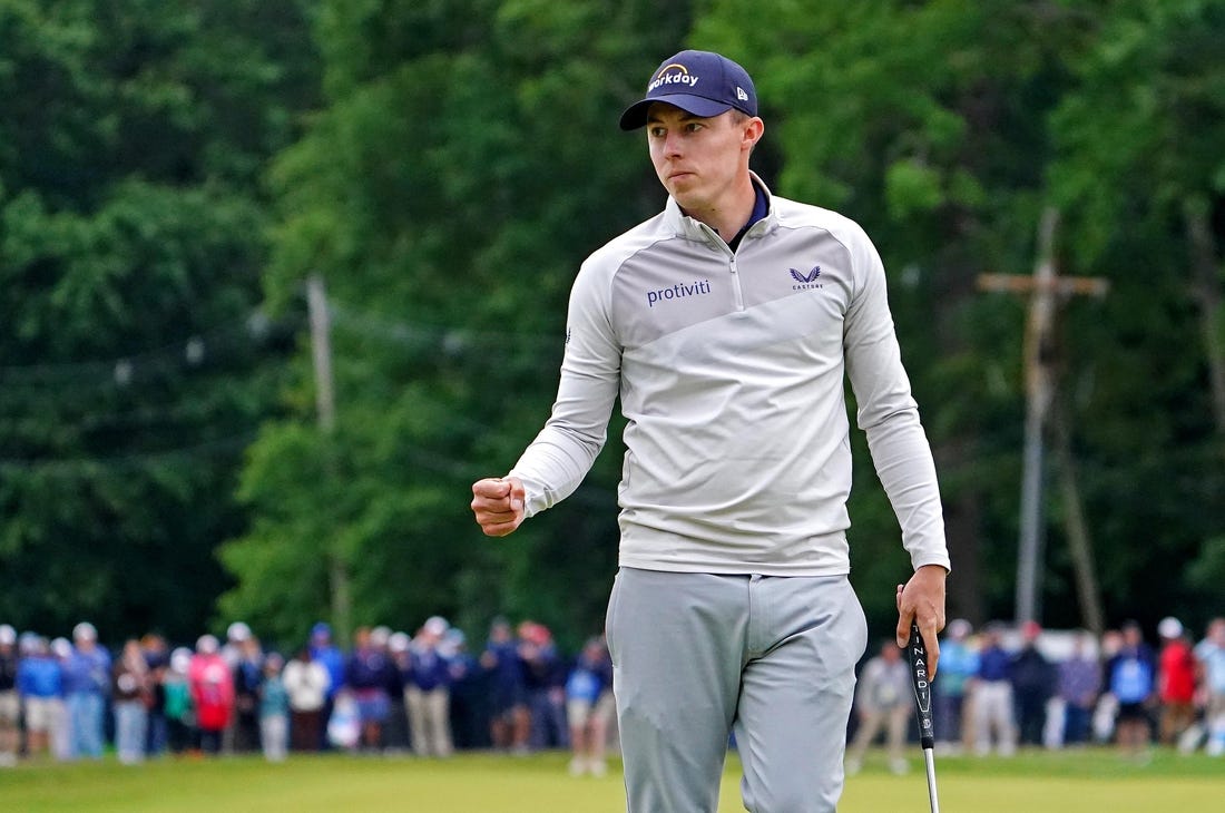 Jun 19, 2022; Brookline, Massachusetts, USA; Matthew Fitzpatrick reacts to his putt on the 15th green during the final round of the U.S. Open golf tournament. Mandatory Credit: Peter Casey-USA TODAY Sports