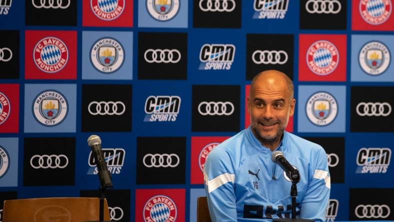 Manchester City manager Pep Guardiola speaks to the media in preparation for Saturday's exhibition game, on Friday, July 22, 2022 at Lambeau Field in Green Bay, Wis. Samantha Madar/USA TODAY NETWORK-Wisconsin

Gpg Bayern And Manchester Practice 7222022 0011