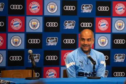 Manchester City manager Pep Guardiola speaks to the media in preparation for Saturday's exhibition game, on Friday, July 22, 2022 at Lambeau Field in Green Bay, Wis. Samantha Madar/USA TODAY NETWORK-Wisconsin

Gpg Bayern And Manchester Practice 7222022 0011