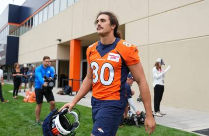 Jul 28, 2022; Englewood, CO, USA; Denver Broncos tight end Greg Dulcich (80) during training camp at the UCHealth Training Center. Mandatory Credit: Ron Chenoy-USA TODAY Sports