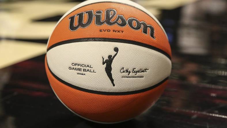 Aug 23, 2022; Brooklyn, New York, USA; A detail view of a basketball on the court prior to game three of the first round between the New York Liberty and the Chicago Sky at Barclays Center. Mandatory Credit: Wendell Cruz-USA TODAY Sports