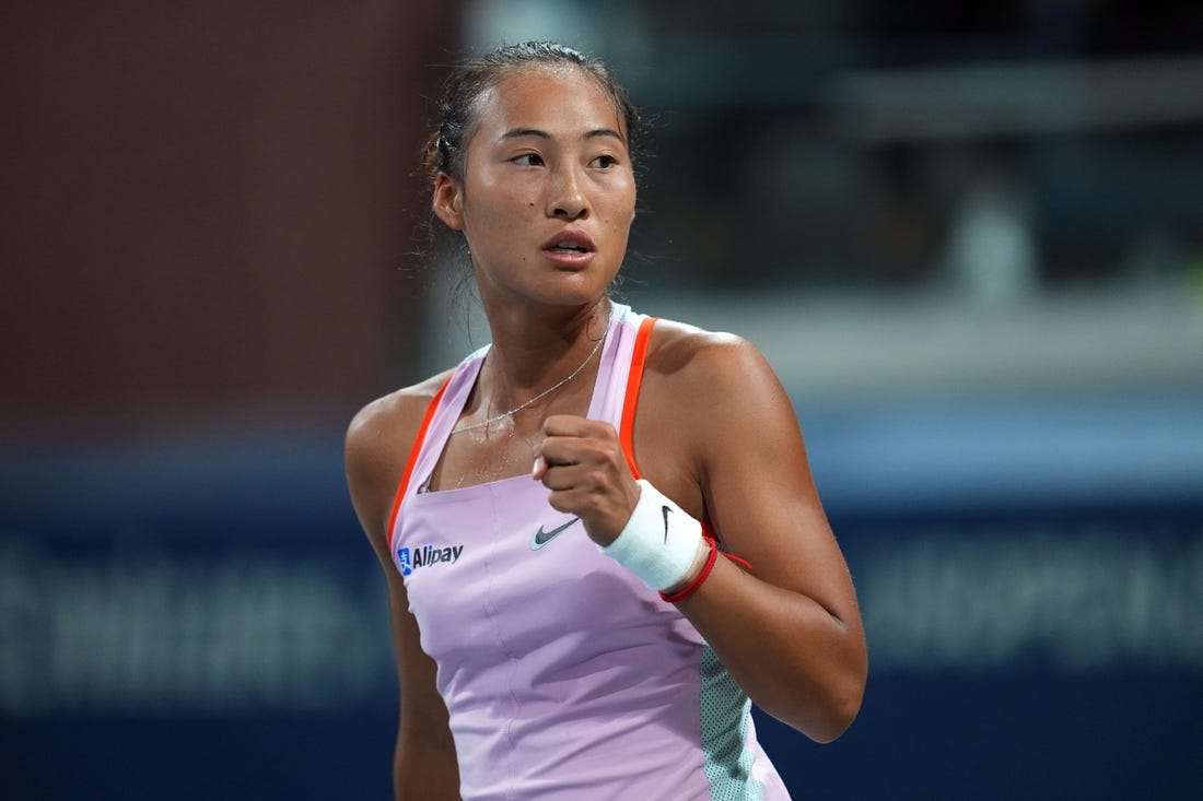 Sep 3, 2022; Flushing, NY, USA; Qinwen Zheng of China reacts during a match against Jule Niemeier of Germany on day six of the 2022 U.S. Open tennis tournament at USTA Billie Jean King Tennis Center. Mandatory Credit: Danielle Parhizkaran-USA TODAY Sports