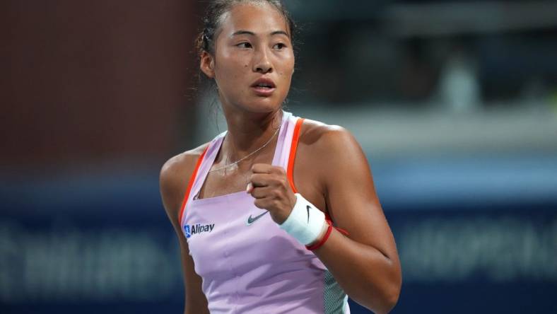 Sep 3, 2022; Flushing, NY, USA; Qinwen Zheng of China reacts during a match against Jule Niemeier of Germany on day six of the 2022 U.S. Open tennis tournament at USTA Billie Jean King Tennis Center. Mandatory Credit: Danielle Parhizkaran-USA TODAY Sports