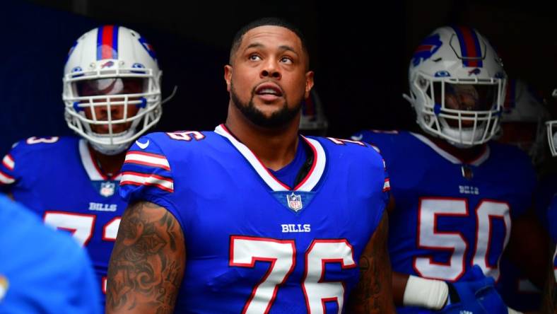 Sep 8, 2022; Inglewood, California, USA; Buffalo Bills guard Rodger Saffold (76) entire the field in the game against the Los Angeles Rams at SoFi Stadium. Mandatory Credit: Gary A. Vasquez-USA TODAY Sports