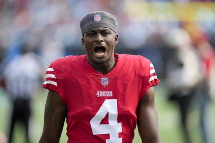 Oct 9, 2022; Charlotte, North Carolina, USA; San Francisco 49ers cornerback Emmanuel Moseley (4) during the first quarter against the Carolina Panthers at Bank of America Stadium. Mandatory Credit: Jim Dedmon-USA TODAY Sports