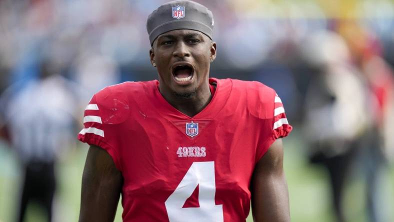 Oct 9, 2022; Charlotte, North Carolina, USA; San Francisco 49ers cornerback Emmanuel Moseley (4) during the first quarter against the Carolina Panthers at Bank of America Stadium. Mandatory Credit: Jim Dedmon-USA TODAY Sports