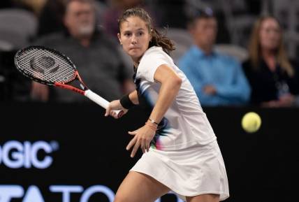 Nov 5, 2022; Forth Worth, TX, USA; Daria Kasatkina returns a shot during her match against Caroline Garcia (FRA) on day six of the WTA Finals at Dickies Arena. Mandatory Credit: Susan Mullane-USA TODAY Sports