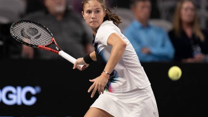 Nov 5, 2022; Forth Worth, TX, USA; Daria Kasatkina returns a shot during her match against Caroline Garcia (FRA) on day six of the WTA Finals at Dickies Arena. Mandatory Credit: Susan Mullane-USA TODAY Sports