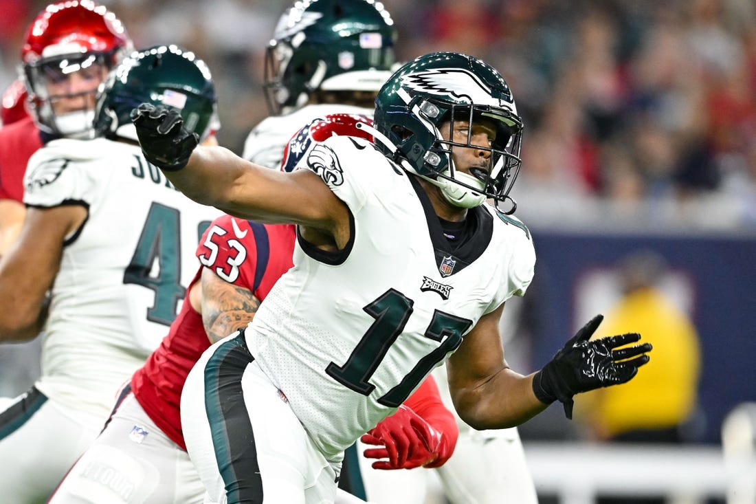 Nov 3, 2022; Houston, Texas, USA; Philadelphia Eagles linebacker Nakobe Dean (17) in action against the Houston Texans  during the second half at NRG Stadium. Mandatory Credit: Maria Lysaker-USA TODAY Sports