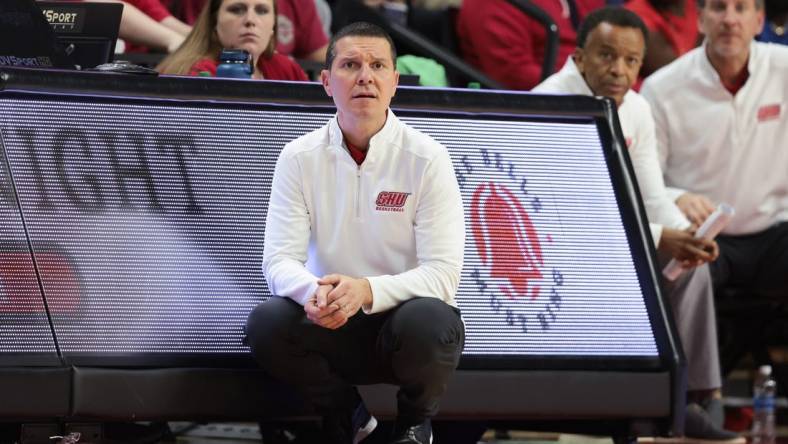 Nov 10, 2022; Piscataway, New Jersey, USA; Sacred Heart Pioneers head coach Anthony Latina looks on during the first half against the Rutgers Scarlet Knights at Jersey Mike's Arena. Mandatory Credit: Vincent Carchietta-USA TODAY Sports