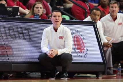 Nov 10, 2022; Piscataway, New Jersey, USA; Sacred Heart Pioneers head coach Anthony Latina looks on during the first half against the Rutgers Scarlet Knights at Jersey Mike's Arena. Mandatory Credit: Vincent Carchietta-USA TODAY Sports