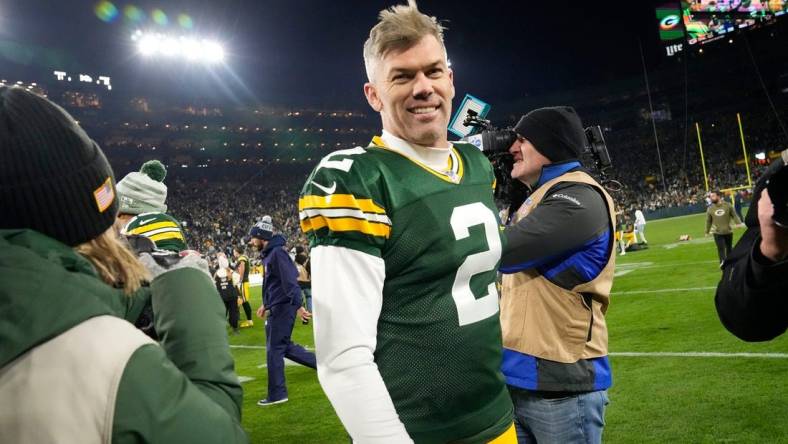 Green Bay Packers place kicker Mason Crosby (2) is all smiles after kicking the game winning field goal after their 31-28 overtime win against the Dallas Cowboys on Sunday, Nov. 13, 2022 at Lambeau Field in Green Bay.

Packers Cowboys Packers14 4125