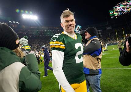 Green Bay Packers place kicker Mason Crosby (2) is all smiles after kicking the game winning field goal after their 31-28 overtime win against the Dallas Cowboys on Sunday, Nov. 13, 2022 at Lambeau Field in Green Bay.

Packers Cowboys Packers14 4125