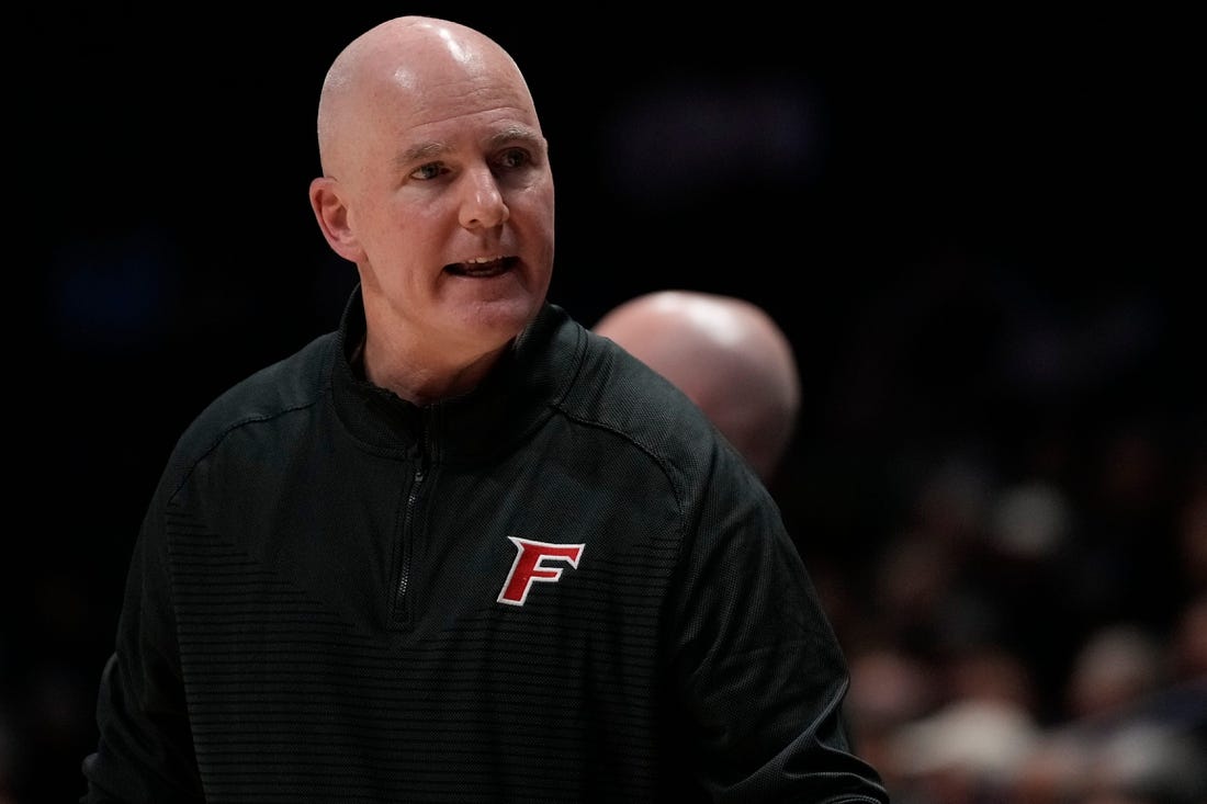 Fairfield Stags head coach Jay Young walks the sideline in the first half of the NCAA basketball game between the Xavier Musketeers and the Fairfield Stags at the Cintas Center in Cincinnati on Tuesday, Nov. 15, 2022.

Fairfield Stags At Xavier Musketeers Basketball