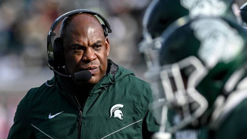 Michigan State's head coach Mel Tucker looks on during the first quarter in the game against Indiana on Saturday, Nov. 19, 2022, at Spartan Stadium in East Lansing.

221119 Msu Indiana 044a