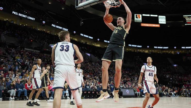Purdue center Zach Edey (15) is back to carry the Boilermakers against a rugged schedule, which includes a return date with Gonzaga in November. Mandatory Credit: Troy Wayrynen-USA TODAY Sports