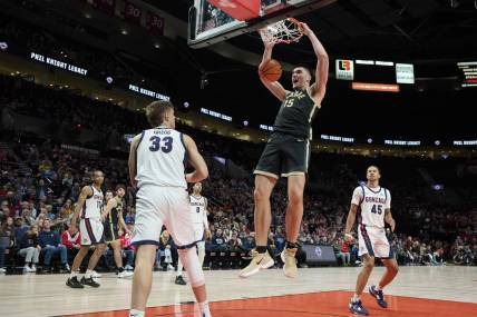 Purdue center Zach Edey (15) is back to carry the Boilermakers against a rugged schedule, which includes a return date with Gonzaga in November. Mandatory Credit: Troy Wayrynen-USA TODAY Sports