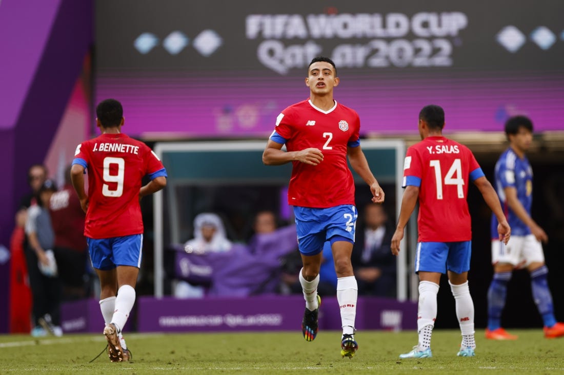 Nov 27, 2022; Al Rayyan, Qatar; Costa Rica midfielder Daniel Chacon (2) on the field during a group stage match against Japan during the 2022 World Cup at Ahmad Bin Ali Stadium. Mandatory Credit: Yukihito Taguchi-USA TODAY Sports